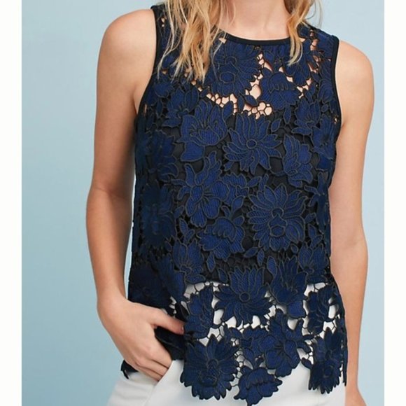 Anthropologie Tops - Anthro Postmark Black & Blue Floral Lace Top